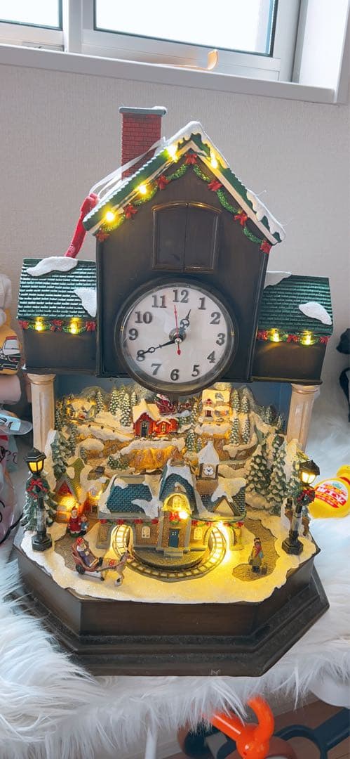 クリスマス装飾カッコウ時計、クリスマスビレッジシーン、LEDライト、音楽、