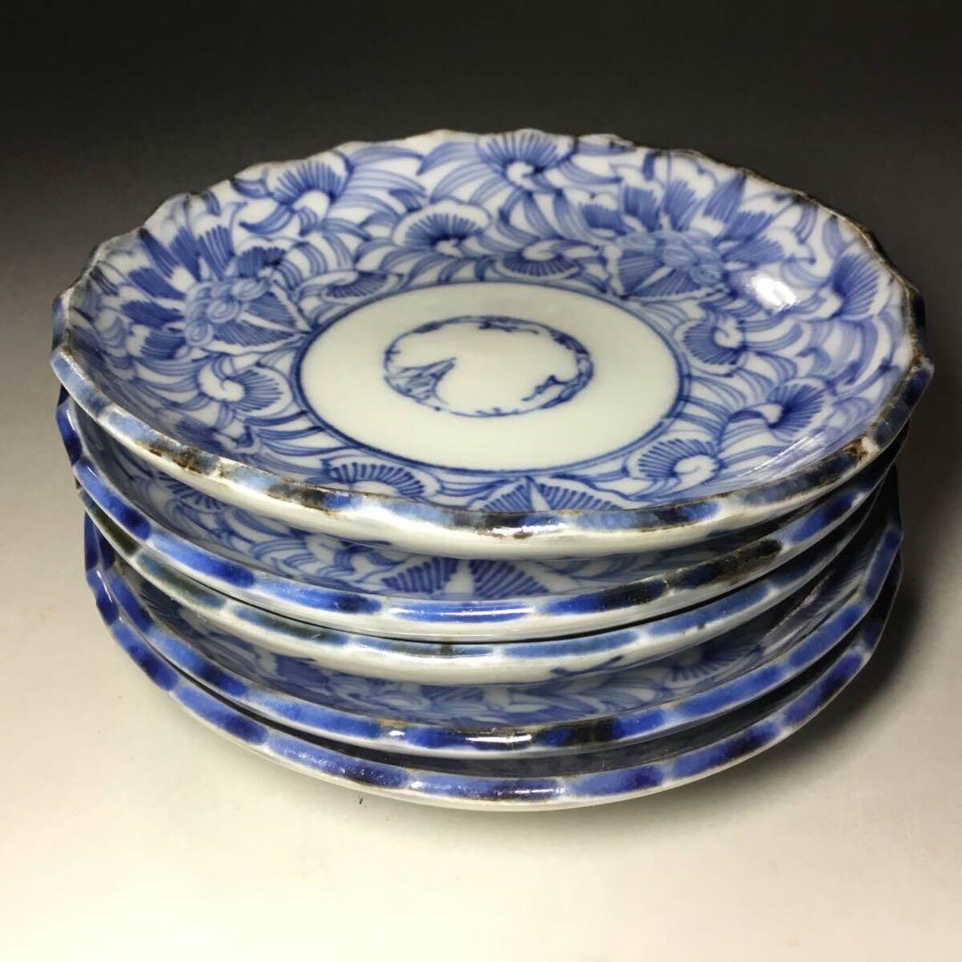 古伊万里◆染付 線描 小皿5枚◆江戸後期 幕末 手塩皿 小皿 豆皿 有田 花唐草
