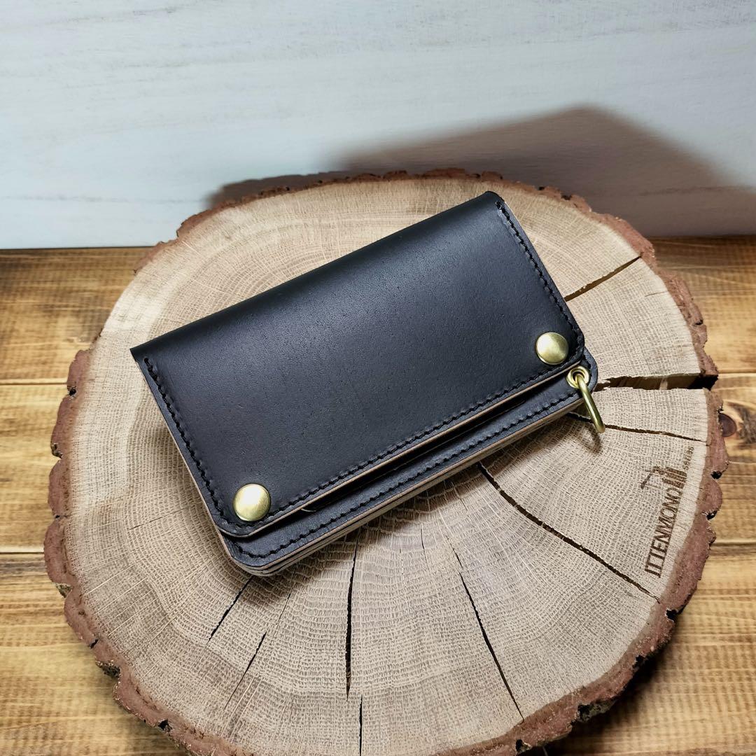 姫路レザー　茶芯黒　札ポケット付きミドルトラッカーウォレット　真鍮　ハンドメイド