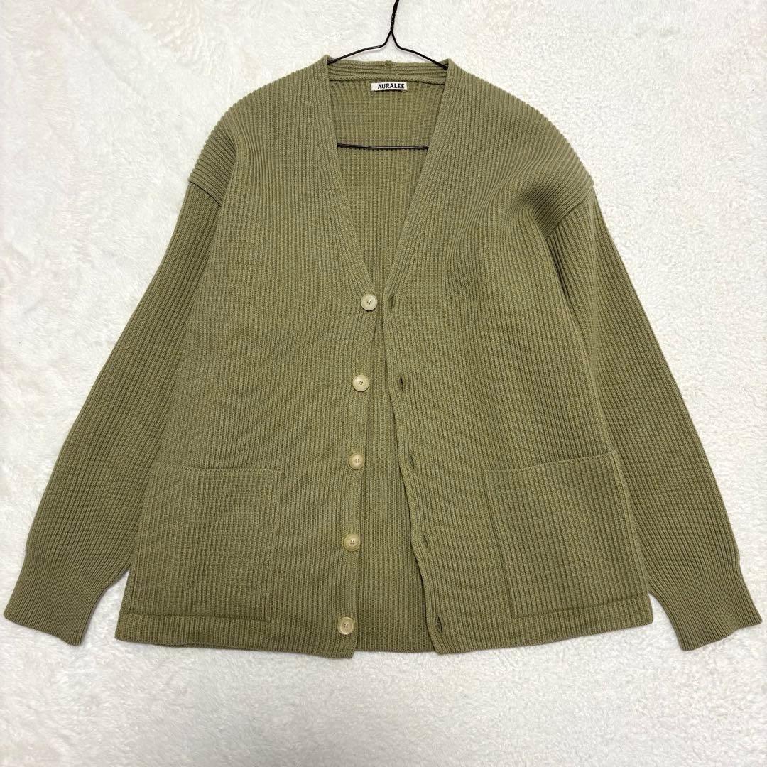 美品 AURALEE リブニットビッグカーディガン L オリーブグリーン