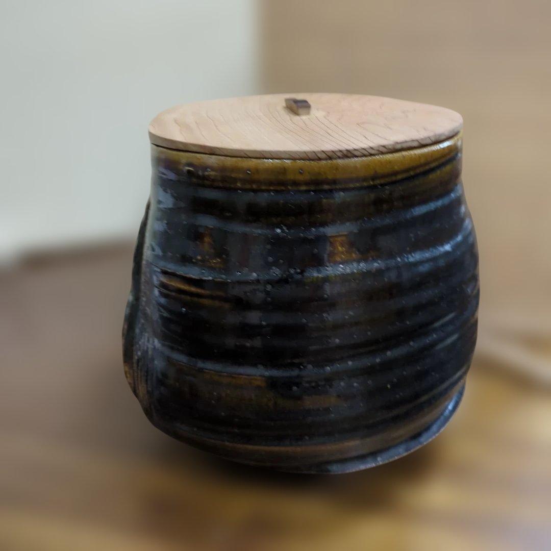 水指　木製蓋付き 瀬戸　水野双鶴　茶道具　茶道　陶器　木箱大振り