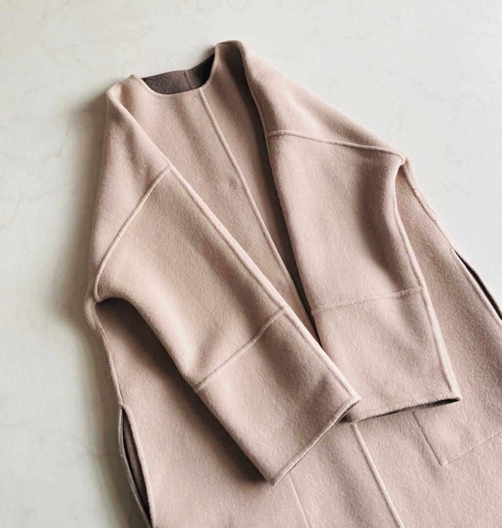 FRAY I.D ウール カシミヤ バイカラー リバーコート モカ×ベビーピンク