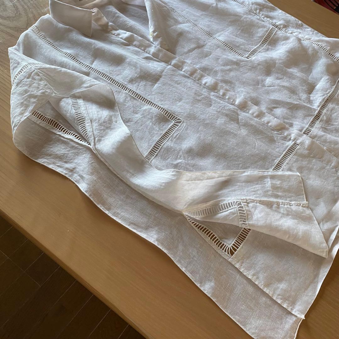 ハウスオブロータス　リネンハシゴ刺繍スクエアシャツ ブラウス　桐島かれん　白