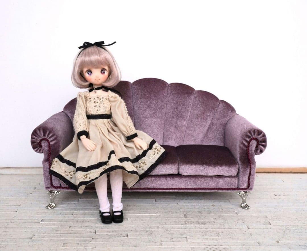 ドール用1/6サイズ シェル型ソファ3人用 葡萄色 椅子