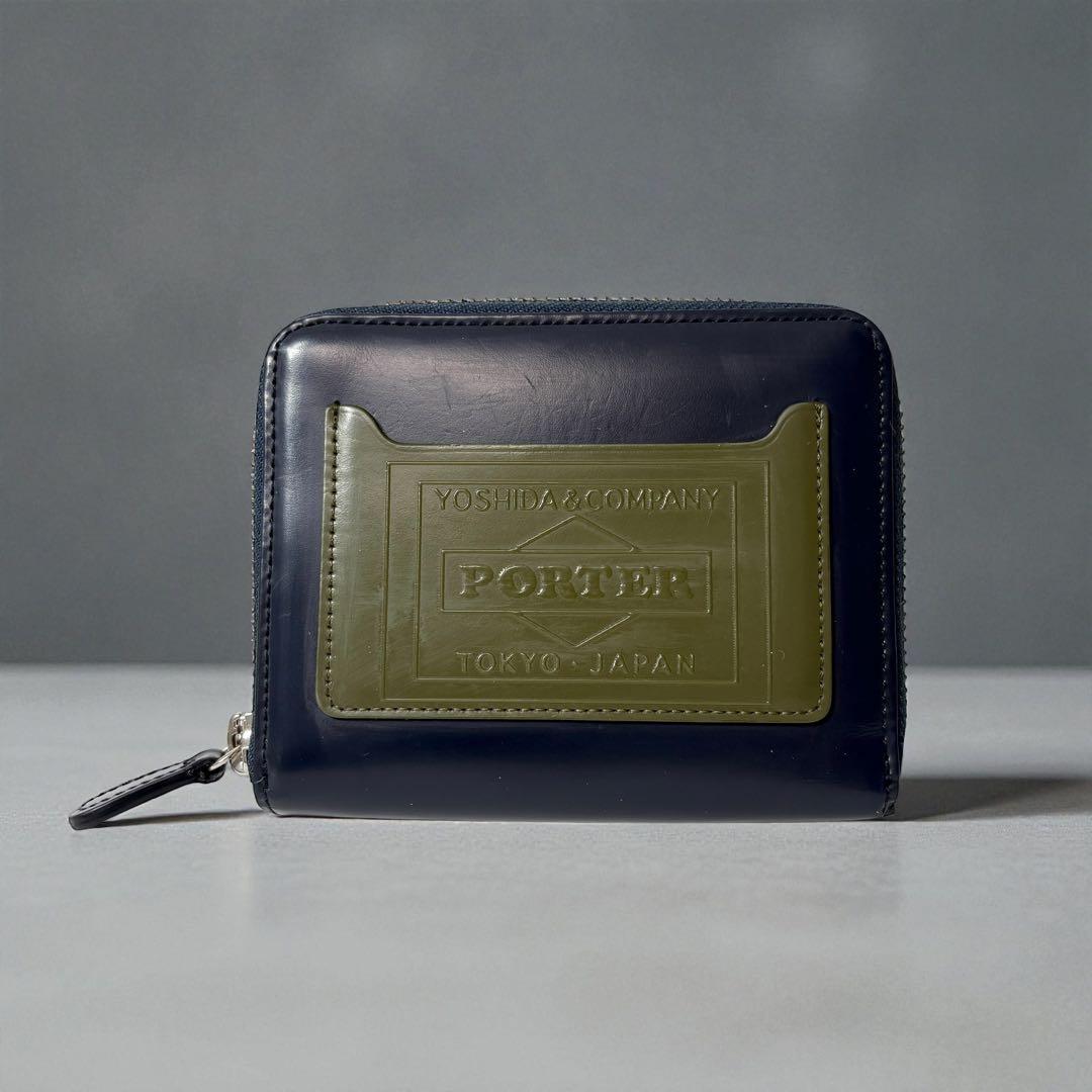 ポーター　スターフラッグ　ネイビー×カーキ　ガラスレザー　コンパクトウォレット.