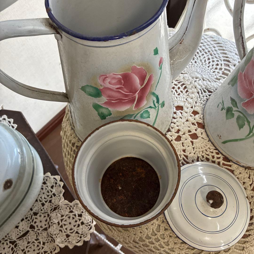 アンティークホーローファウンテン壁掛け手洗いコーヒーポット他バラ柄８点まとめて