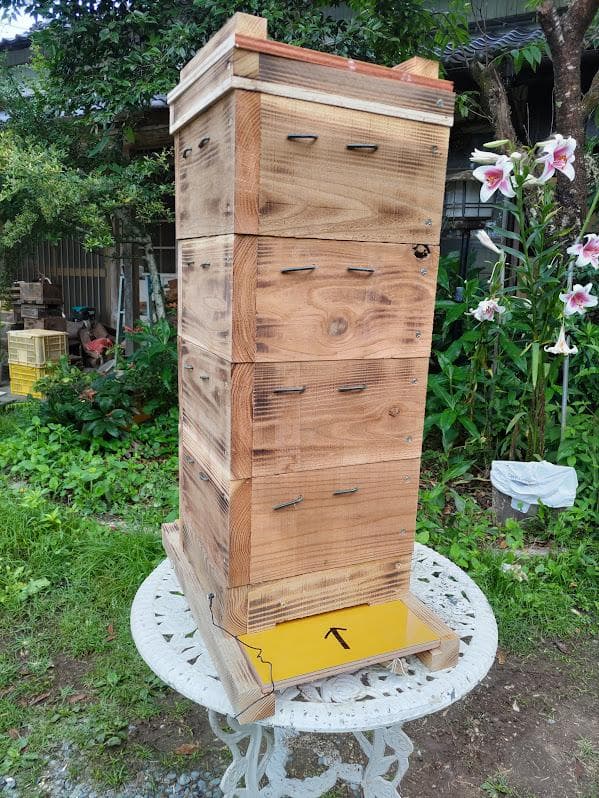 日本蜜蜂 重箱式巣箱4段 スライド底板 付巣門台座　スノコ付き　セット割有