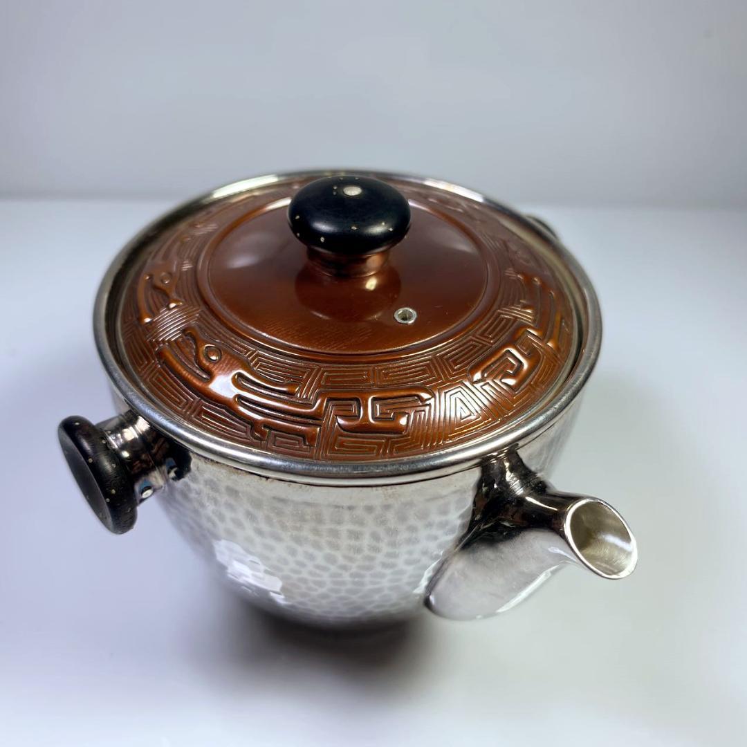 純銀製 槌目 竜彫緋銅銀蓋 木摘 木取手 急須 煎茶道具 長さ約9cm