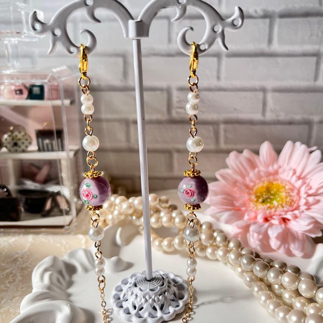 ♪❤️ ガラスビーズ　バラ　パール　メガネチェーン　　マスクチェーン