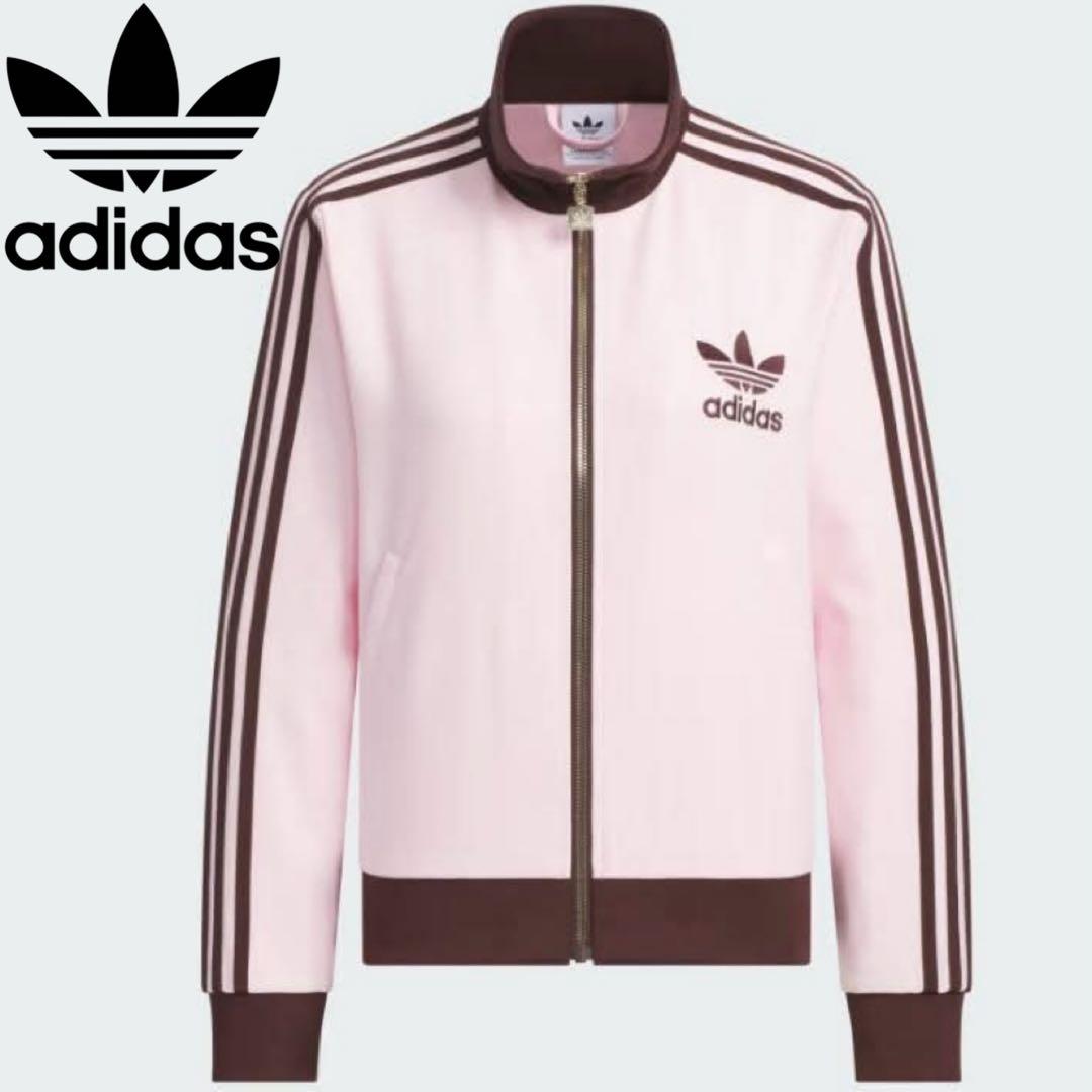 新品L⭐️韓国限定 adidas トラックジャケット 刺繍ロゴ ピンク×ブラウン