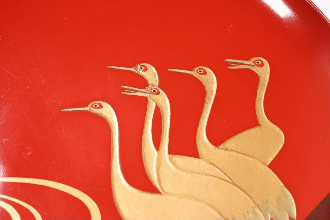 【CM373】時代木製漆器 光琳写 金蒔絵 群鶴図 朱塗 引盃 五客 小皿 杯