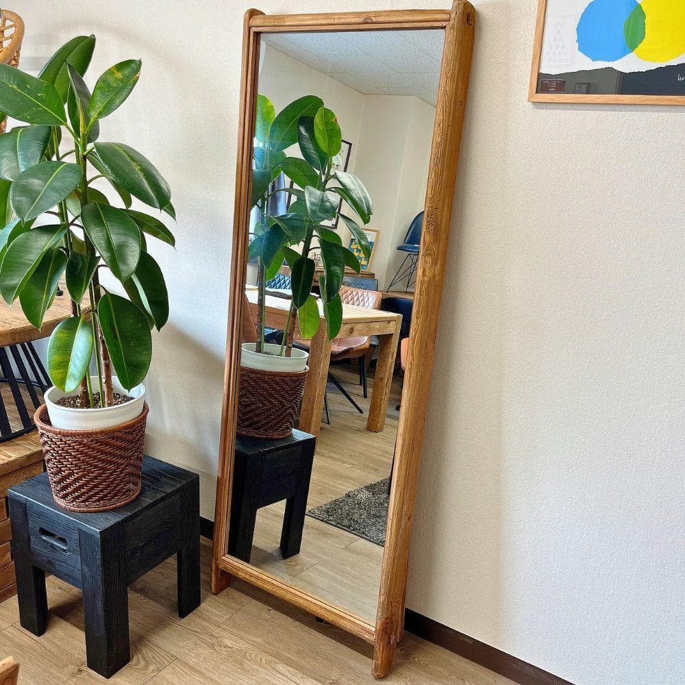 スタンドミラー　全身鏡　木製お洒落　可愛い　ウッドフレーム　北欧　古材　天然木
