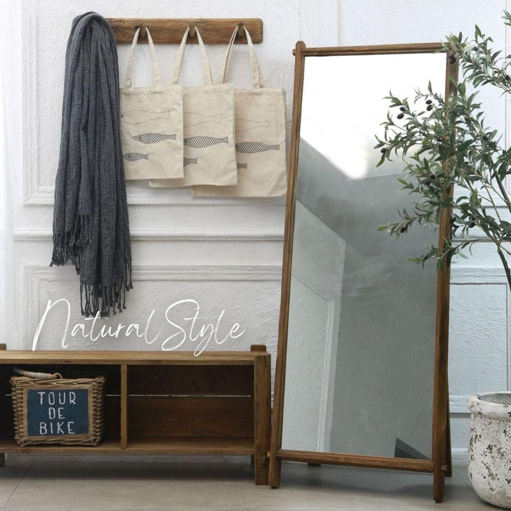 スタンドミラー　全身鏡　木製お洒落　可愛い　ウッドフレーム　北欧　古材　天然木