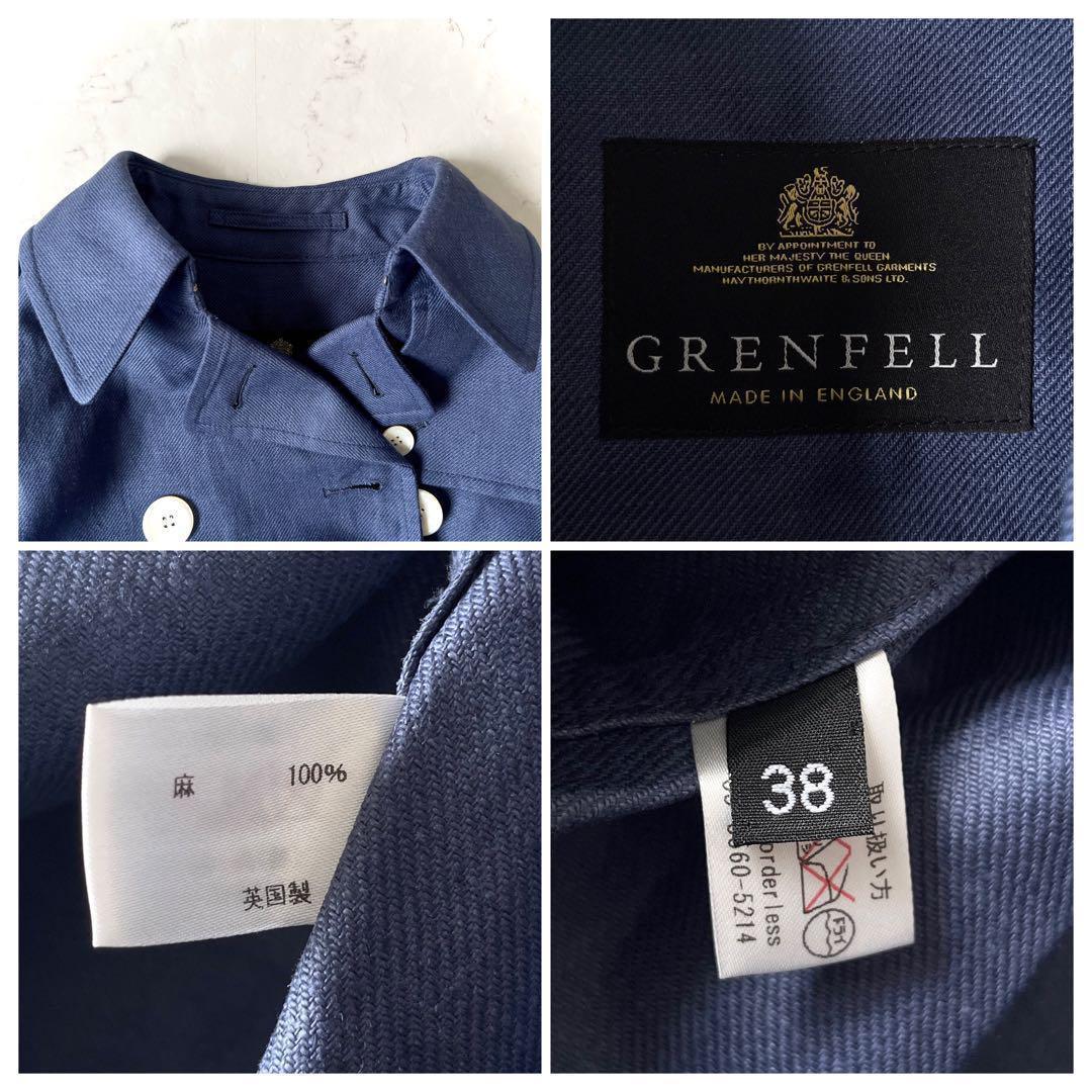 極美品 高級 グレンフェル 英国製 38→M リネン トレンチコート 青ネイビー