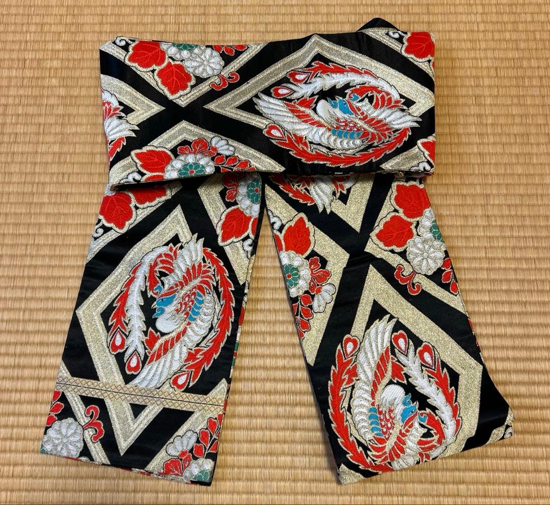 七五三　結び帯　帯　両面柄　赤　7歳　七歳　豪華両面柄入り　鳳凰