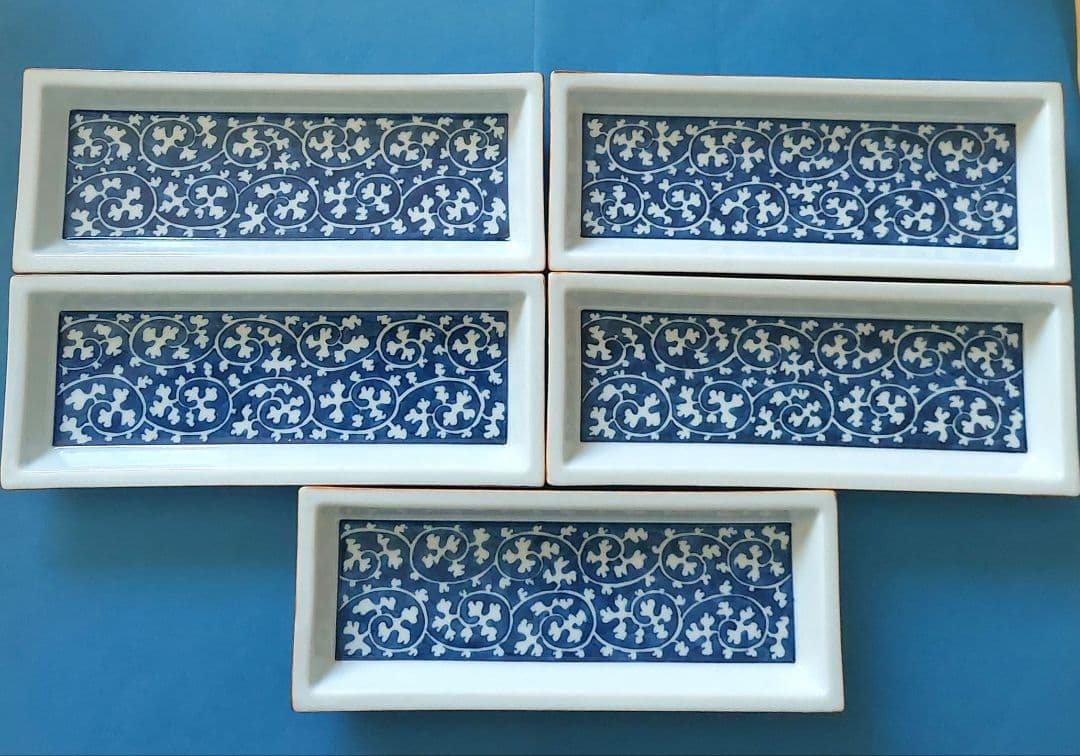 お値下げ！【是米木窯】源右衛門　染付唐草濃　付出　長方形皿　5枚