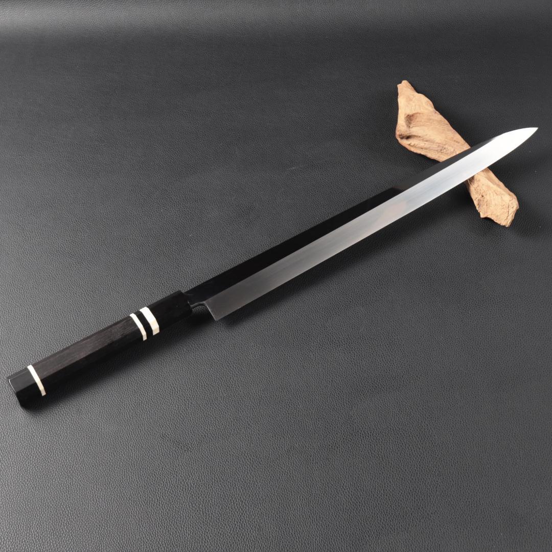 8398 柳刃包丁 尺一 鏡面仕上げ 刺身包丁 黒檀黒水牛角白三本巻八角柄