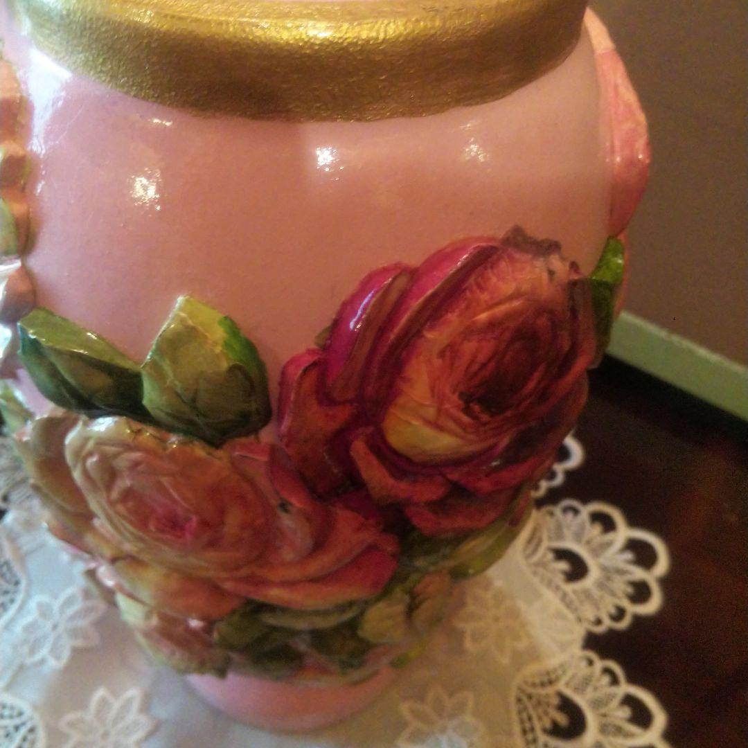 デコパージュ 作家 花瓶 特大 バラ ピンク ゴールド