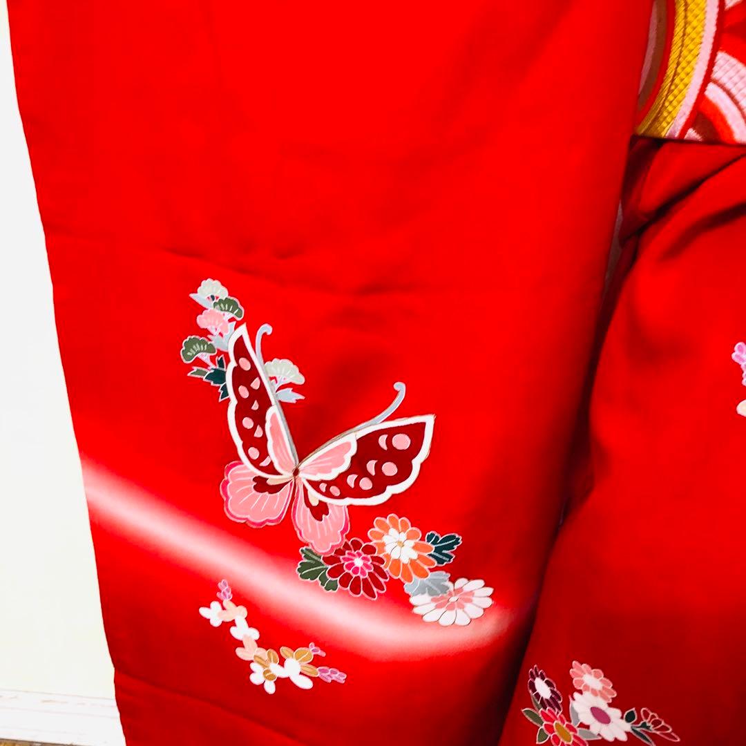 七五三 七歳‼️人気赤地に蝶々花々金彩金箔煌びやか‼️便利で人気❤️完全フルセット‼️赤