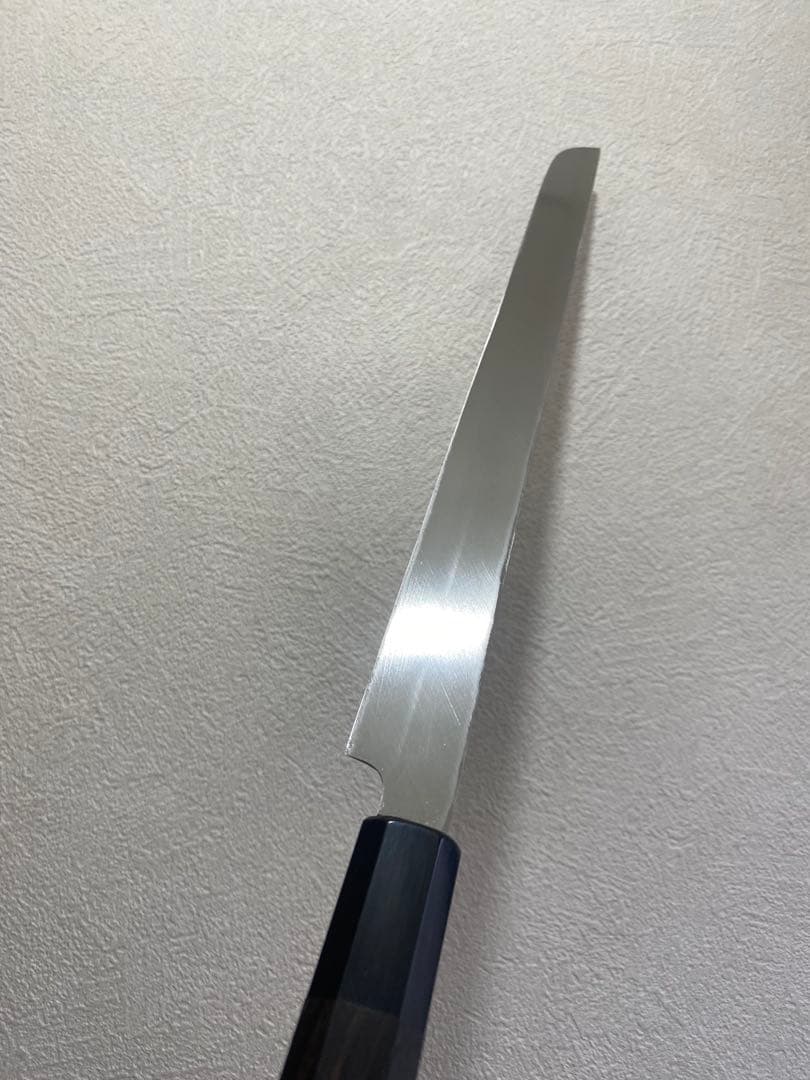 池田辰男 堺正行作 白二鋼 先丸　本焼包丁　刃渡り尺一　箱　鞘付き　波紋あり