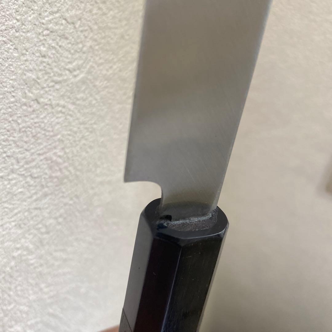 池田辰男 堺正行作 白二鋼 先丸　本焼包丁　刃渡り尺一　箱　鞘付き　波紋あり