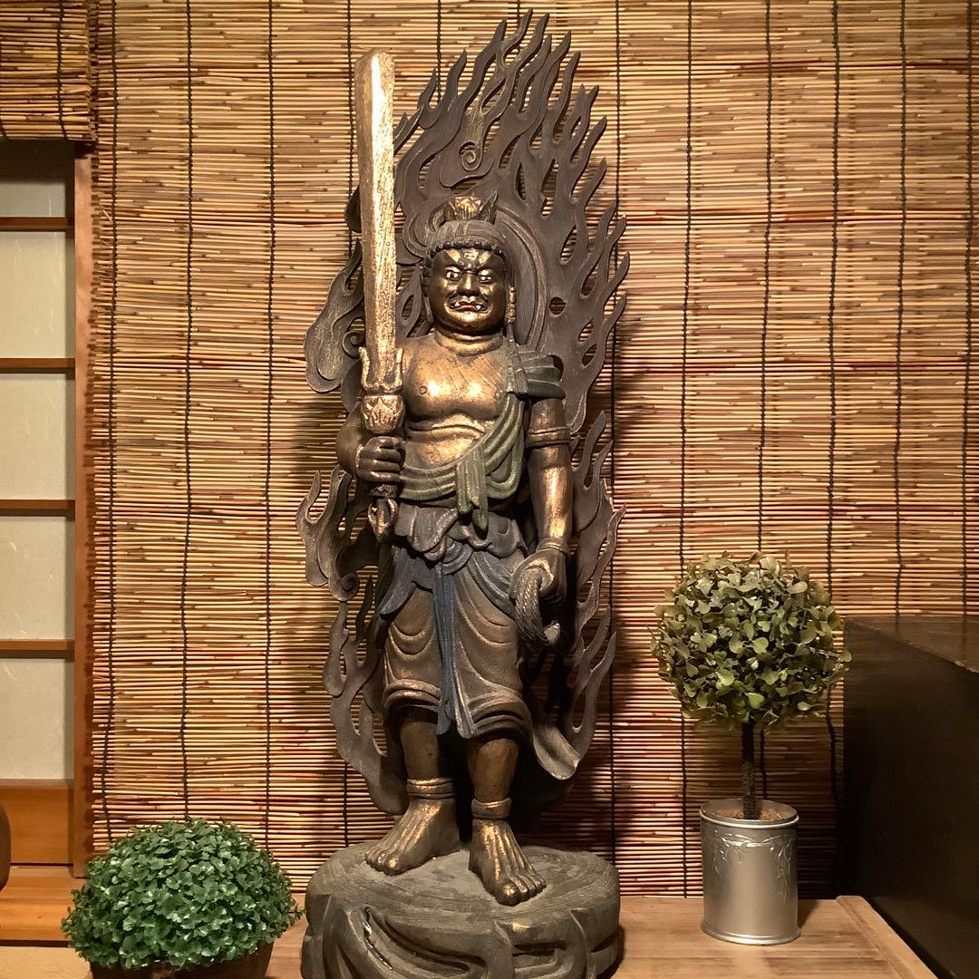 古玩・密教守護神「憤怒・不動明王」不動信仰・天地眼・神仏守護神・特大彩色木彫