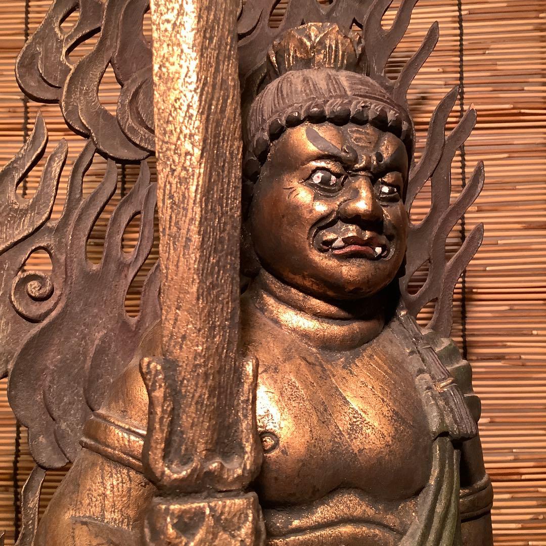 古玩・密教守護神「憤怒・不動明王」不動信仰・天地眼・神仏守護神・特大彩色木彫