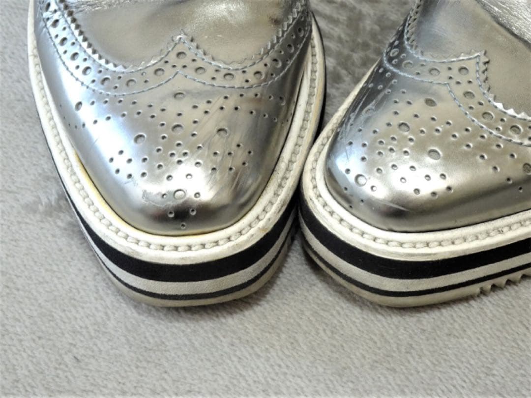 プラダ⭐︎シルバー 厚底 ウィングチップ　レースアップ レザーシューズ 361/2