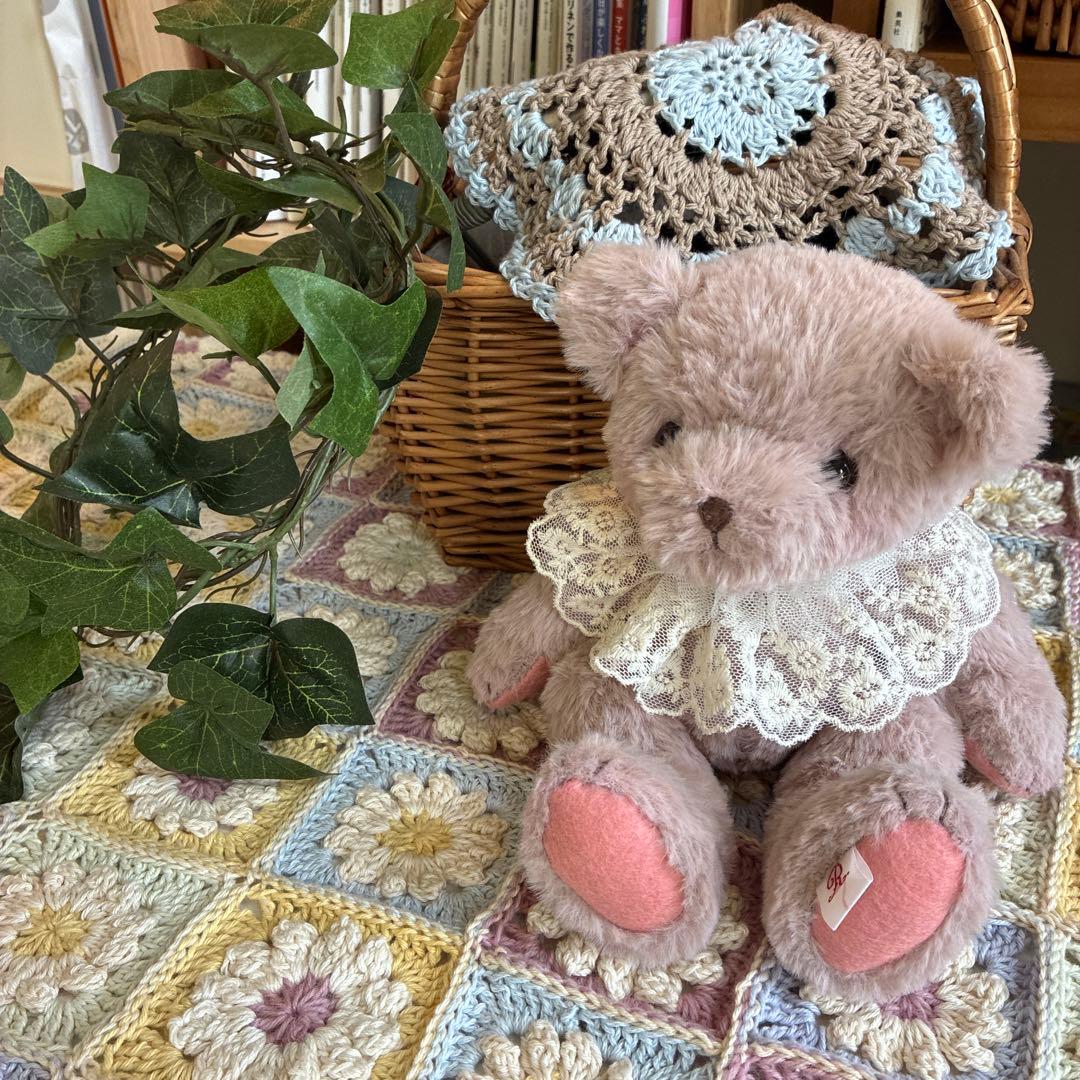 テディベア　スモークピンク　クマのぬいぐるみ　レース　ハンドメイド　ベア