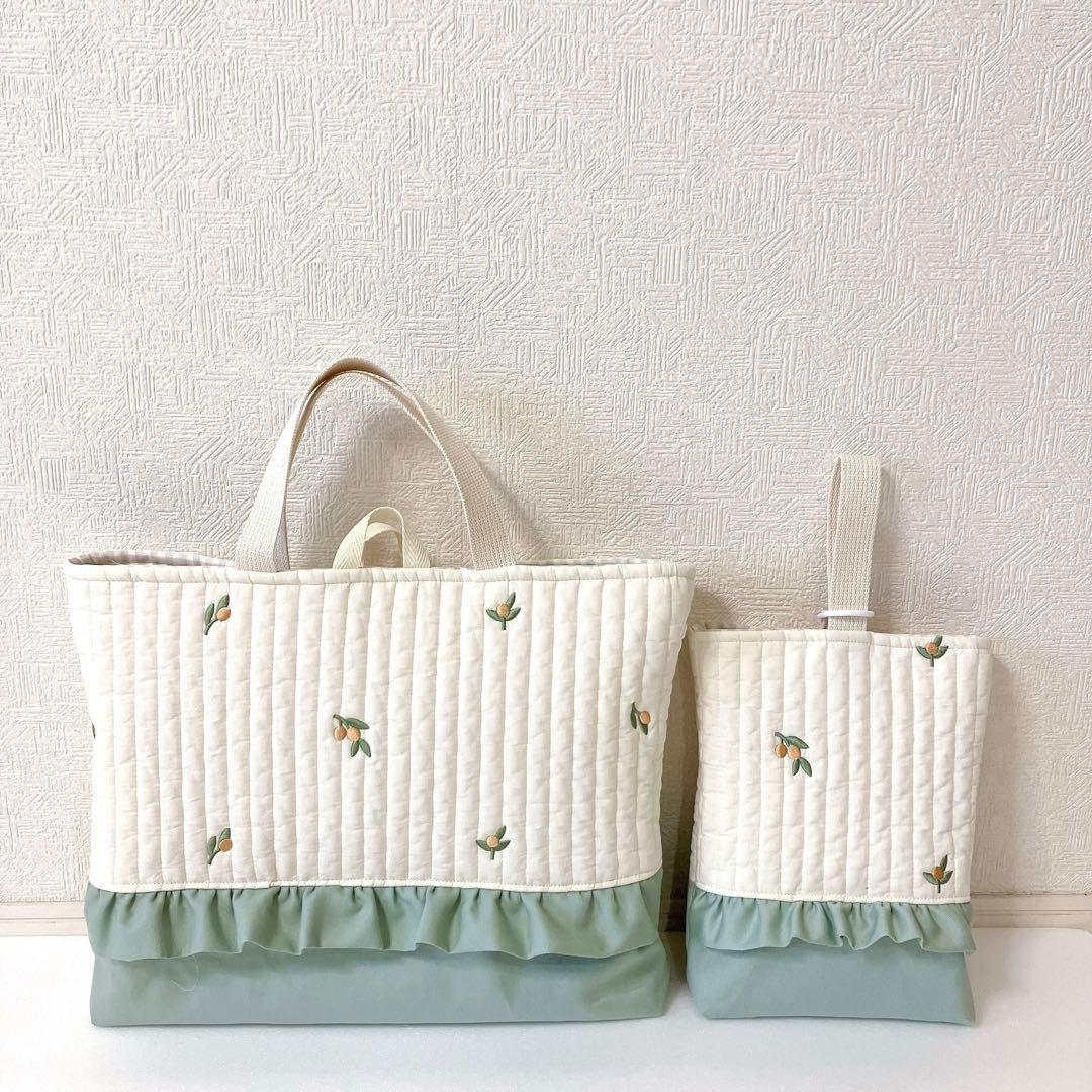 レッスンバッグ✖️4 上履き入れ✖️2ヌビ　オリーブ刺繍　ハート刺繍