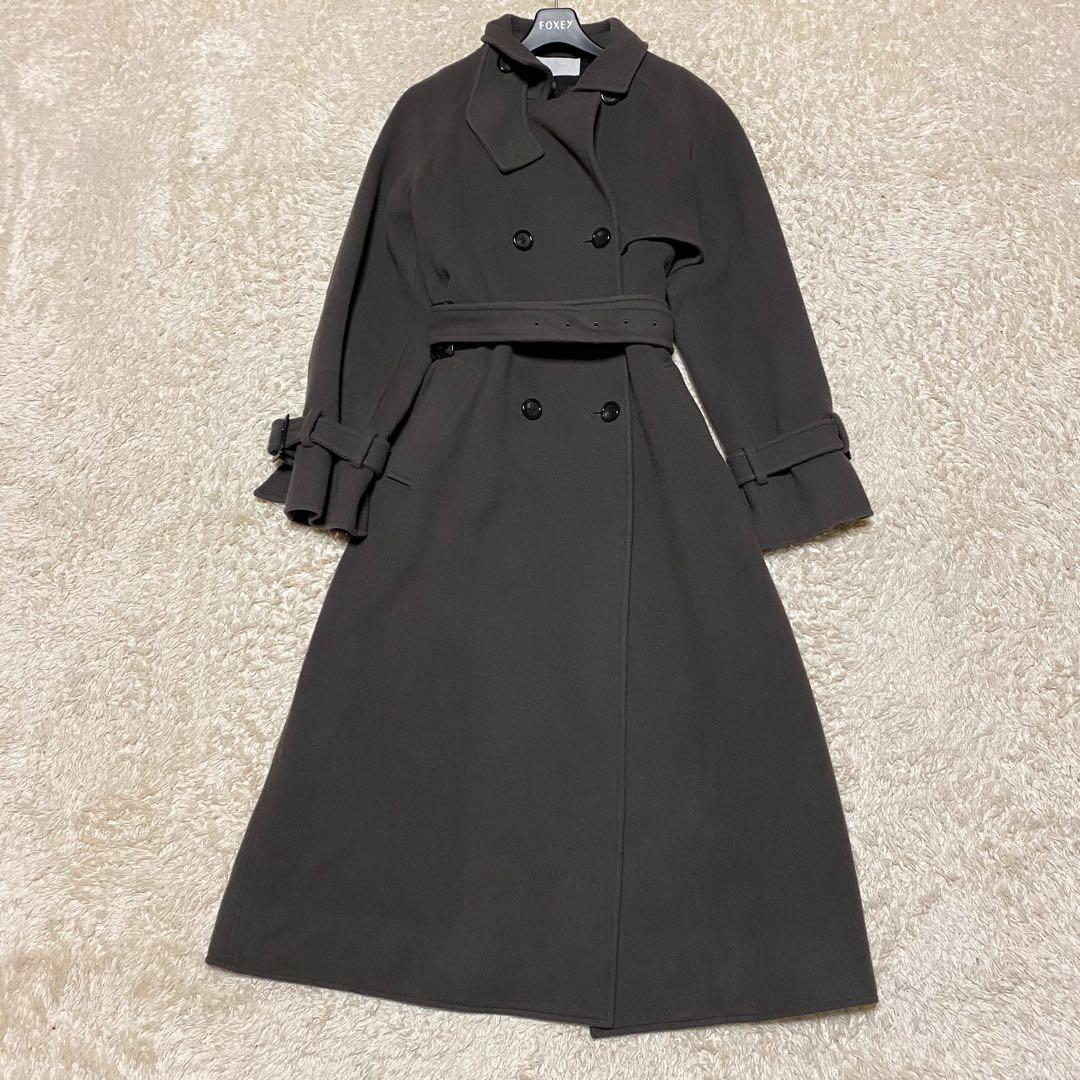 セルフォード　ダブルブレスト　ウール混ロングトレンチコート　グレージュ