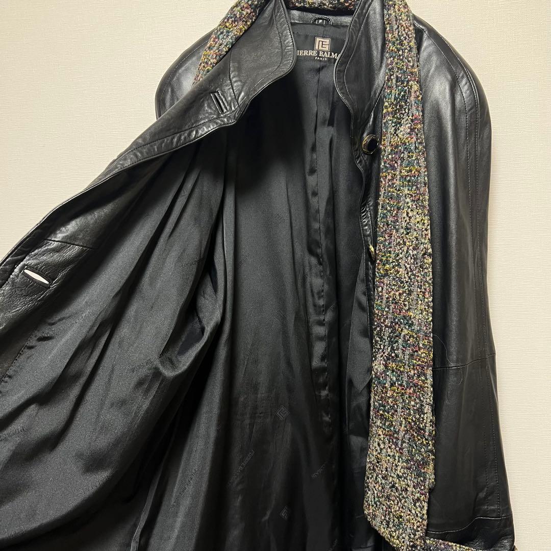希少　ピエールバルマン　Ｆ　ラムレザーコート マフラー付き　黒　ブラック　レトロ