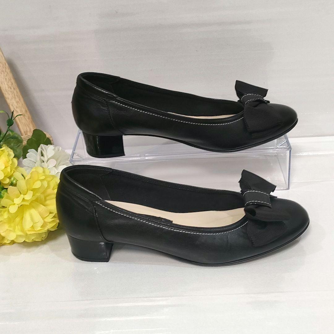 未使用級 ミハマ 本革 撥水加工 レザーシューズ パンプス リボン 黒 23.5