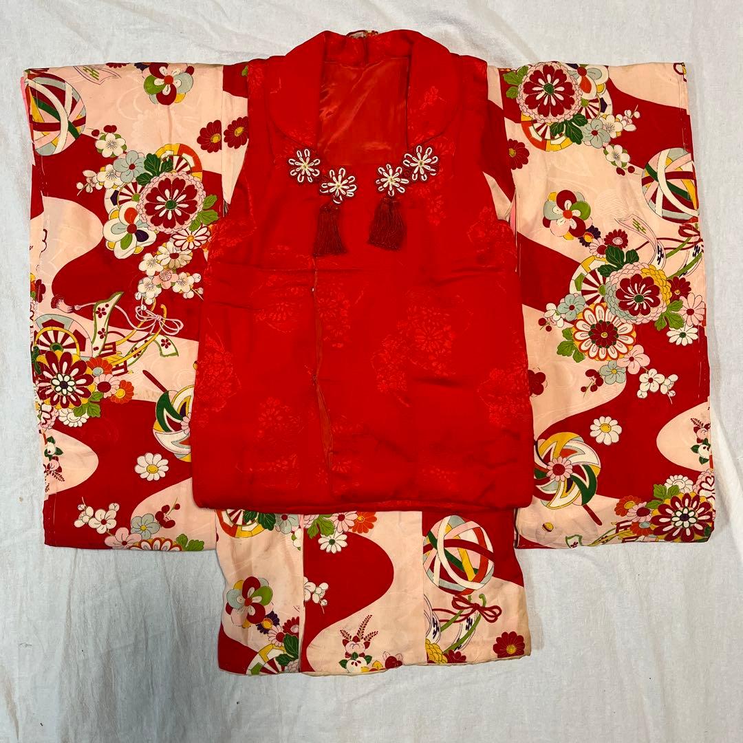 七五三　3歳　着物　アンティーク　ピンク　赤　被布　正絹