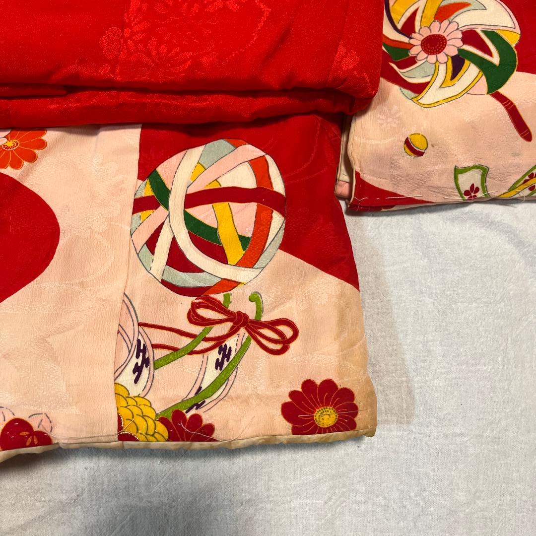 七五三　3歳　着物　アンティーク　ピンク　赤　被布　正絹