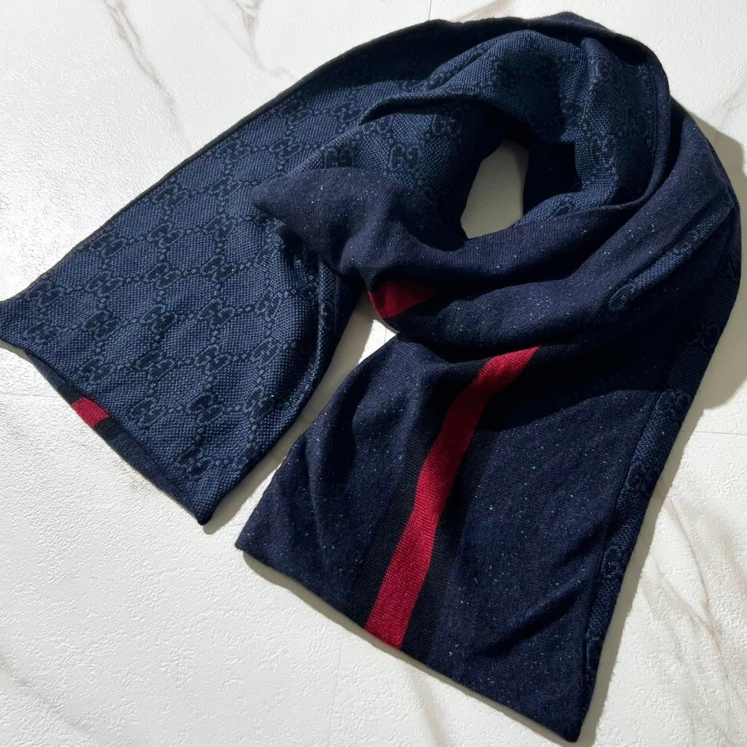 Gucci GG シェリーライン マフラー リバーシブル ロゴ シグネチャー 青