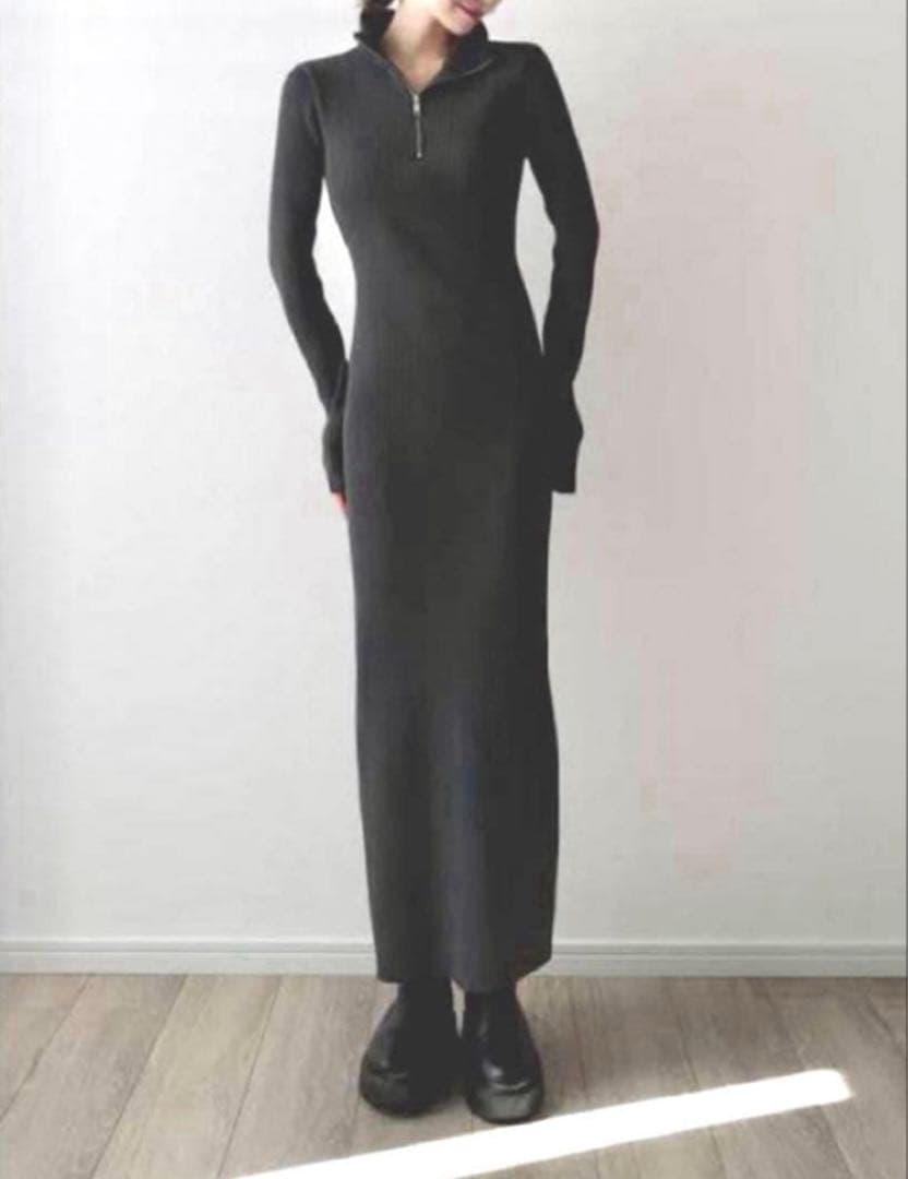 ワンピース maison celon half zip rib knit longdress