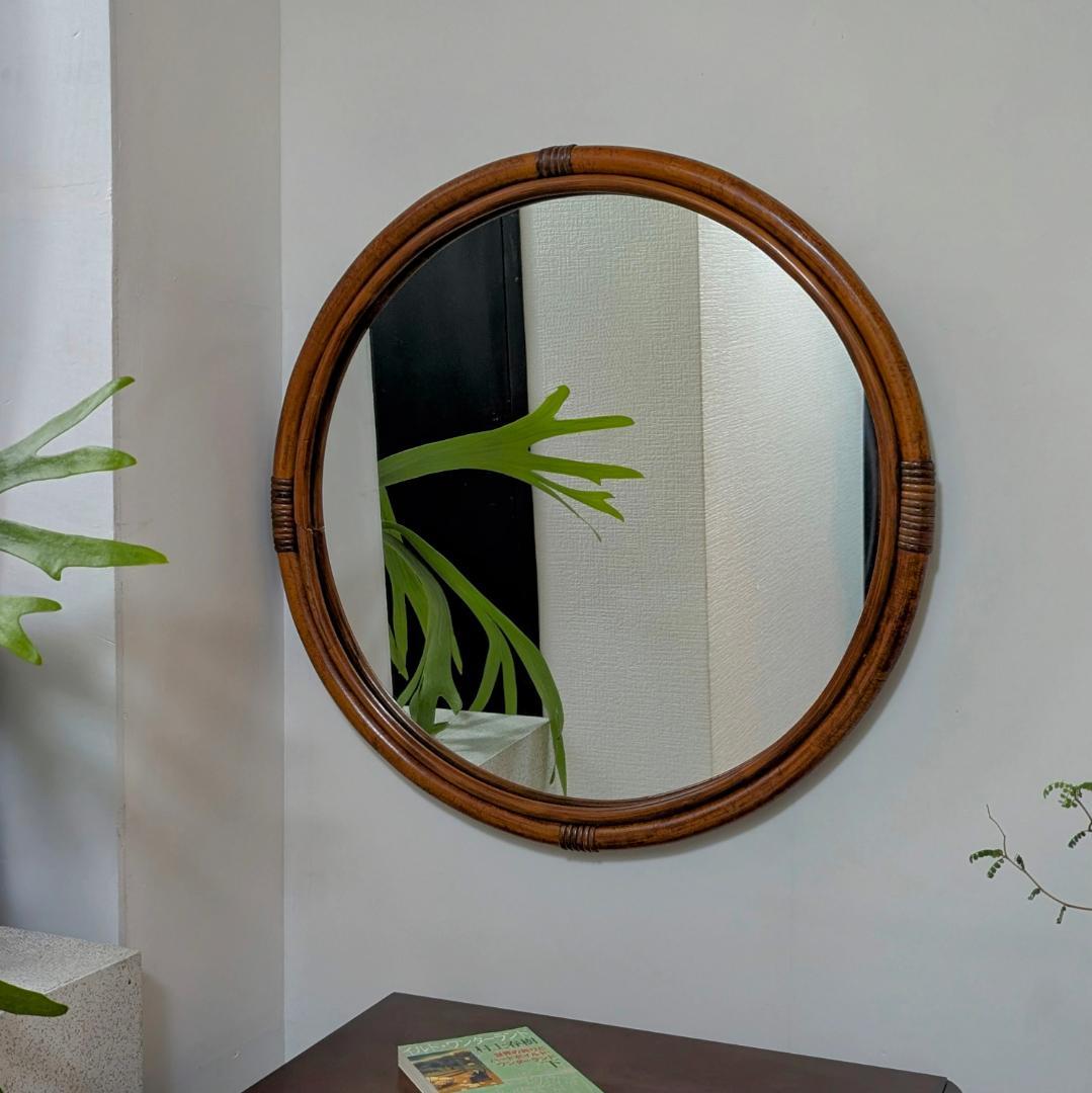 ラタン ウォールミラー 円形 大きめ 丸 壁掛け鏡 ビンテージ ブラウン
