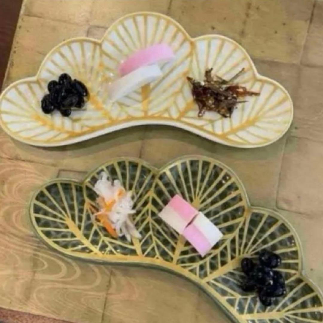 【新品】【大人気】有田焼幸楽窯　錦茶緑金松葉形前菜皿3枚セット　縁起物