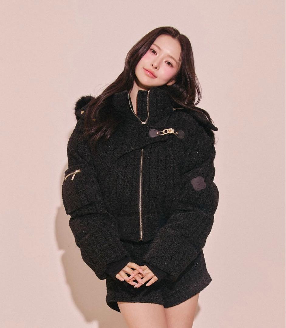 Randy アシンメトリーバックルツイードパデットジャケット ブラック