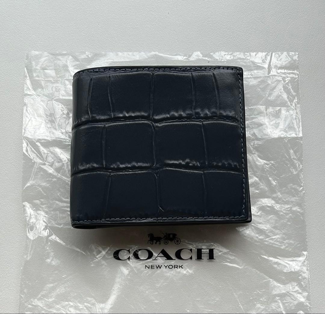 COACH ネイビー クロコ型押し 二つ折り財布