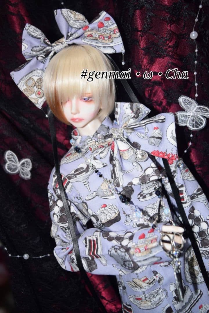 1/3ドール用オバケ袖シャツ お茶会柄(紫)ネックレスセット