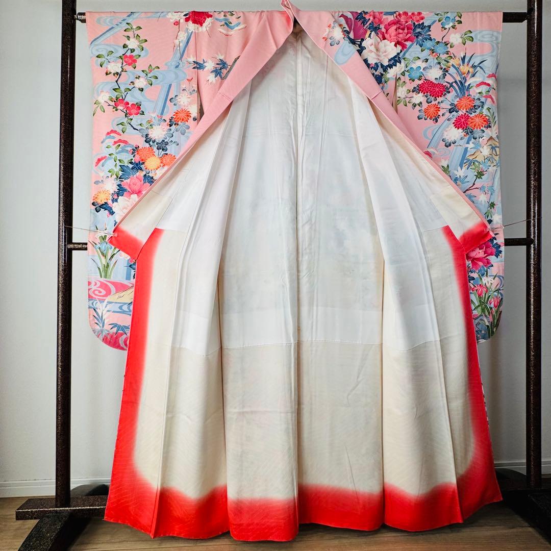 美品　現代　振袖　成人式　着物　正絹　164.5裄67 ピンク　水色　紅色　花柄