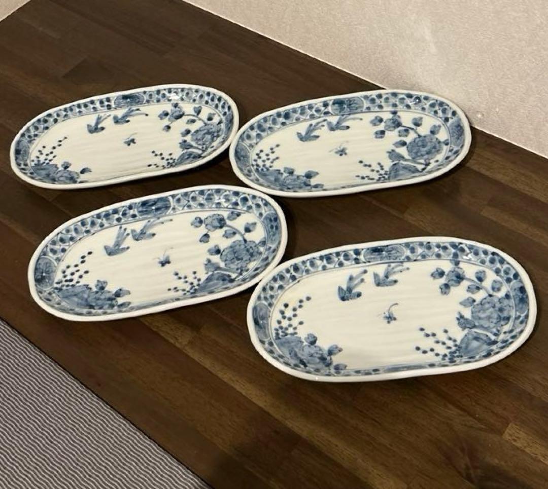 藍水　花鳥　楕円のお皿4枚