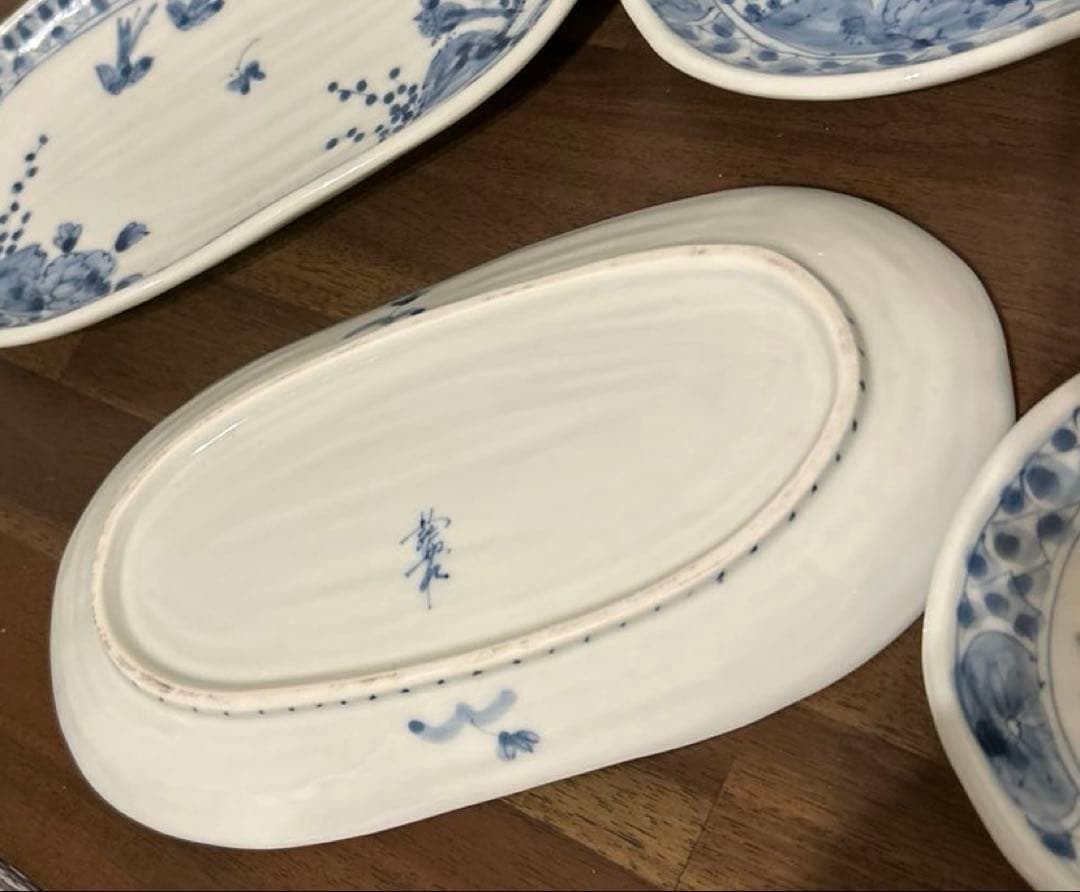 藍水　花鳥　楕円のお皿4枚