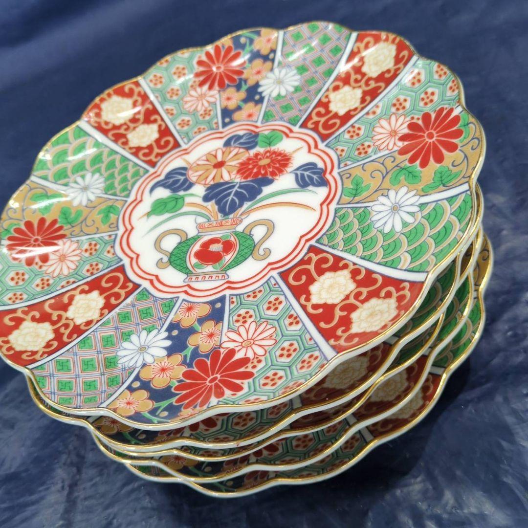 有田焼　陶扇　銘々皿×5枚　中皿　菊割皿　錦絵　赤絵　金彩　古伊万里　AB6.3