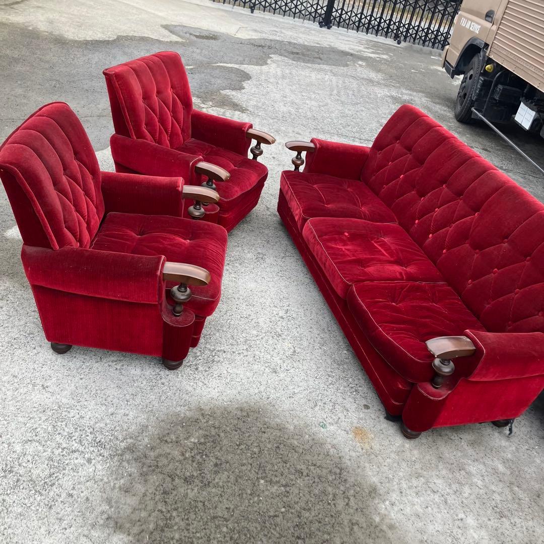 ② 昭和レトロ 古家具 一人掛けベロアソファー アームチェア ヴィンテージ 赤