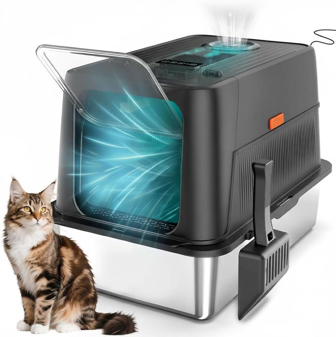 猫 トイレ 自動脱臭 大型 深型 ステンレス 自動空気清浄機能付き