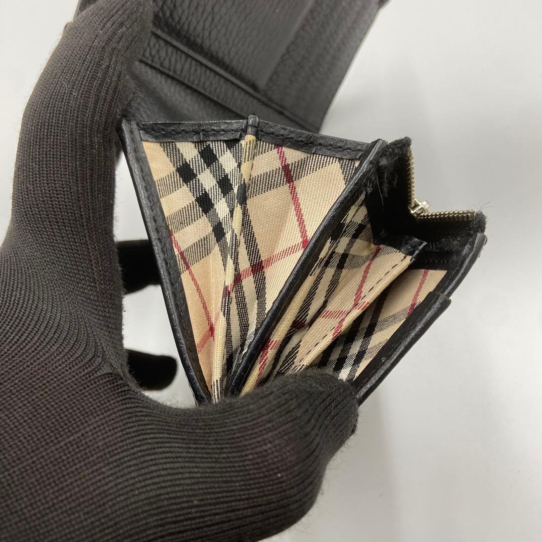 BURBERRY バーバリー　折り財布　ロゴ刻印　ノバチェック　レザー　ブラック