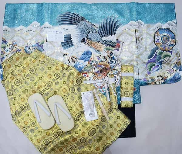 七五三 五歳 男児 羽織袴フルセット M寸 青緑 鷹 袴変更可 NO37752